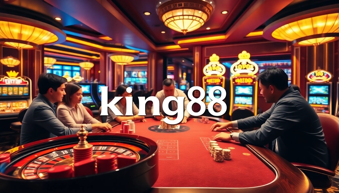 Betting action at king88 casino with poker chips and roulette wheel in a lavish setting.
