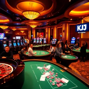KJC casino scene showcasing vibrant gaming tables and excited players celebrating their wins.