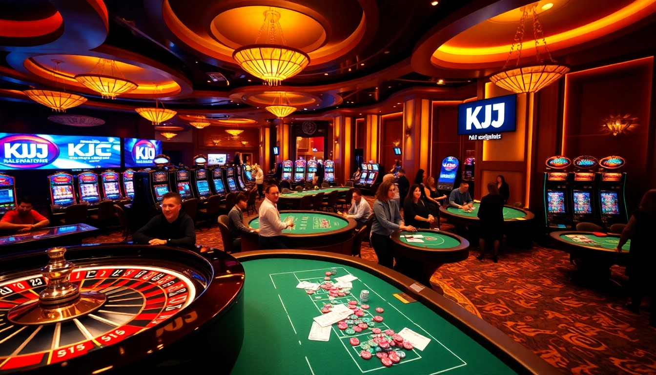 KJC casino scene showcasing vibrant gaming tables and excited players celebrating their wins.