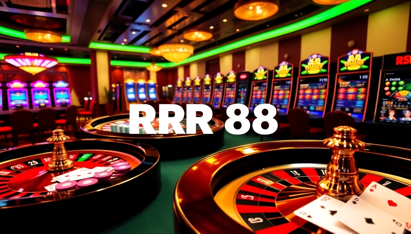 RR88 casino scene with vibrant tables, colorful chips, and immersive atmosphere
