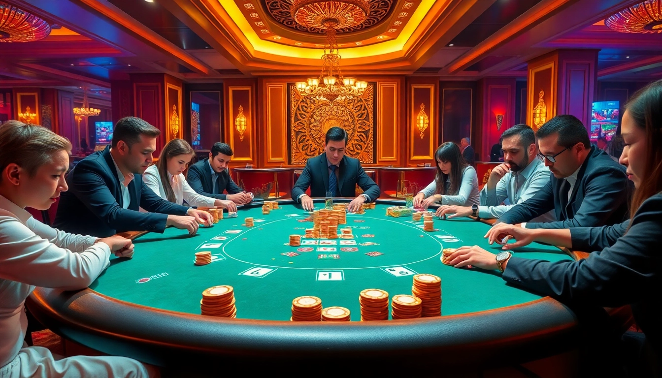 Players strategizing at a luxurious poker table in the elite casino environment of XX88.