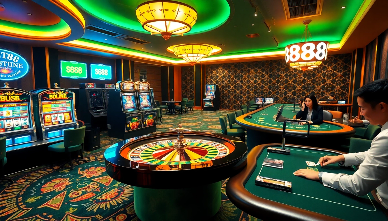Tải GO88 with excitement at a glamorous casino scene featuring roulette, poker, and slot machines.
