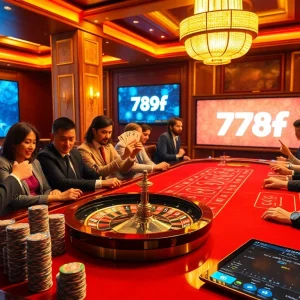 Players celebrating a win at a luxurious 789f casino table, with poker chips and a roulette wheel in view.