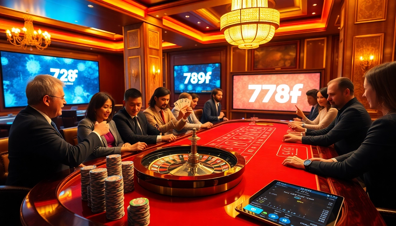 Players celebrating a win at a luxurious 789f casino table, with poker chips and a roulette wheel in view.