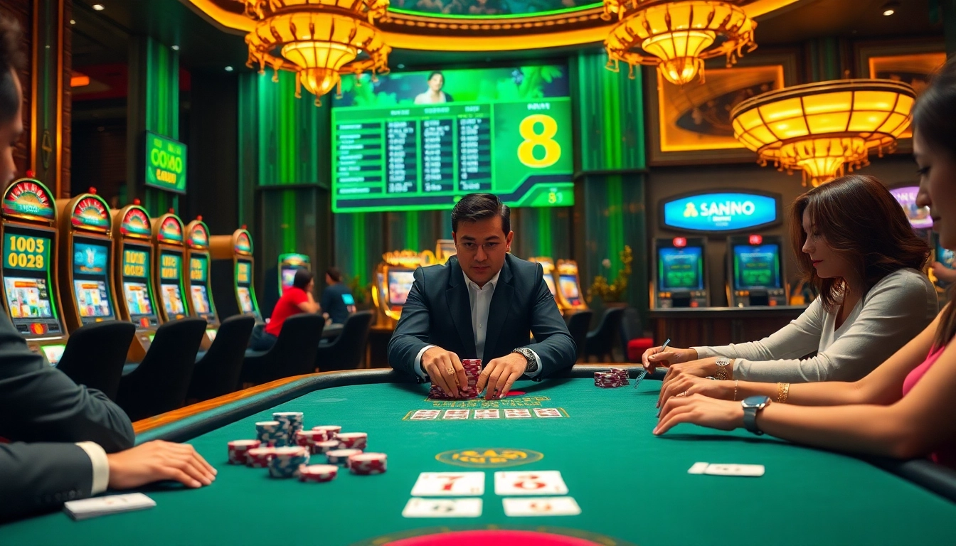 This vibrant casino scene showcases the professional dealer's engaging poker game at Nhà cái uy tín Luck8, enhancing gamblers' thrill.