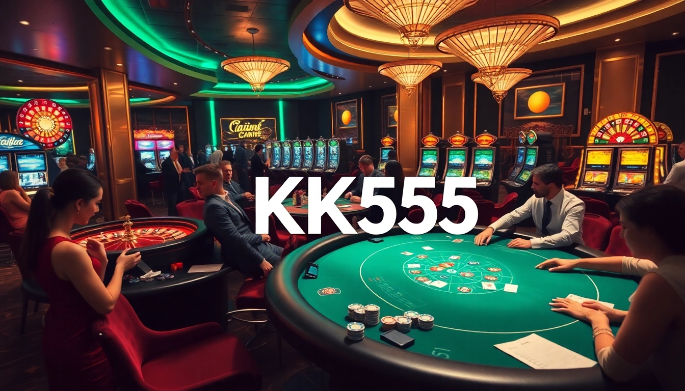 Winning moment at KK55 Casino with players engaging at poker tables and vibrant slot machines.