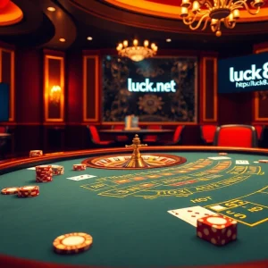 Một tay bài thắng tại bàn blackjack cùng các yếu tố sòng bạc và biển hiệu https://luck8.net trong không gian sang trọng.