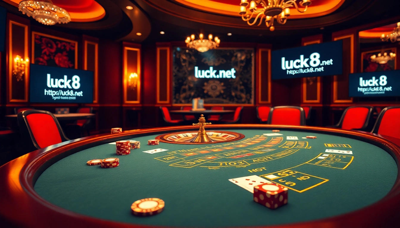 Một tay bài thắng tại bàn blackjack cùng các yếu tố sòng bạc và biển hiệu https://luck8.net trong không gian sang trọng.