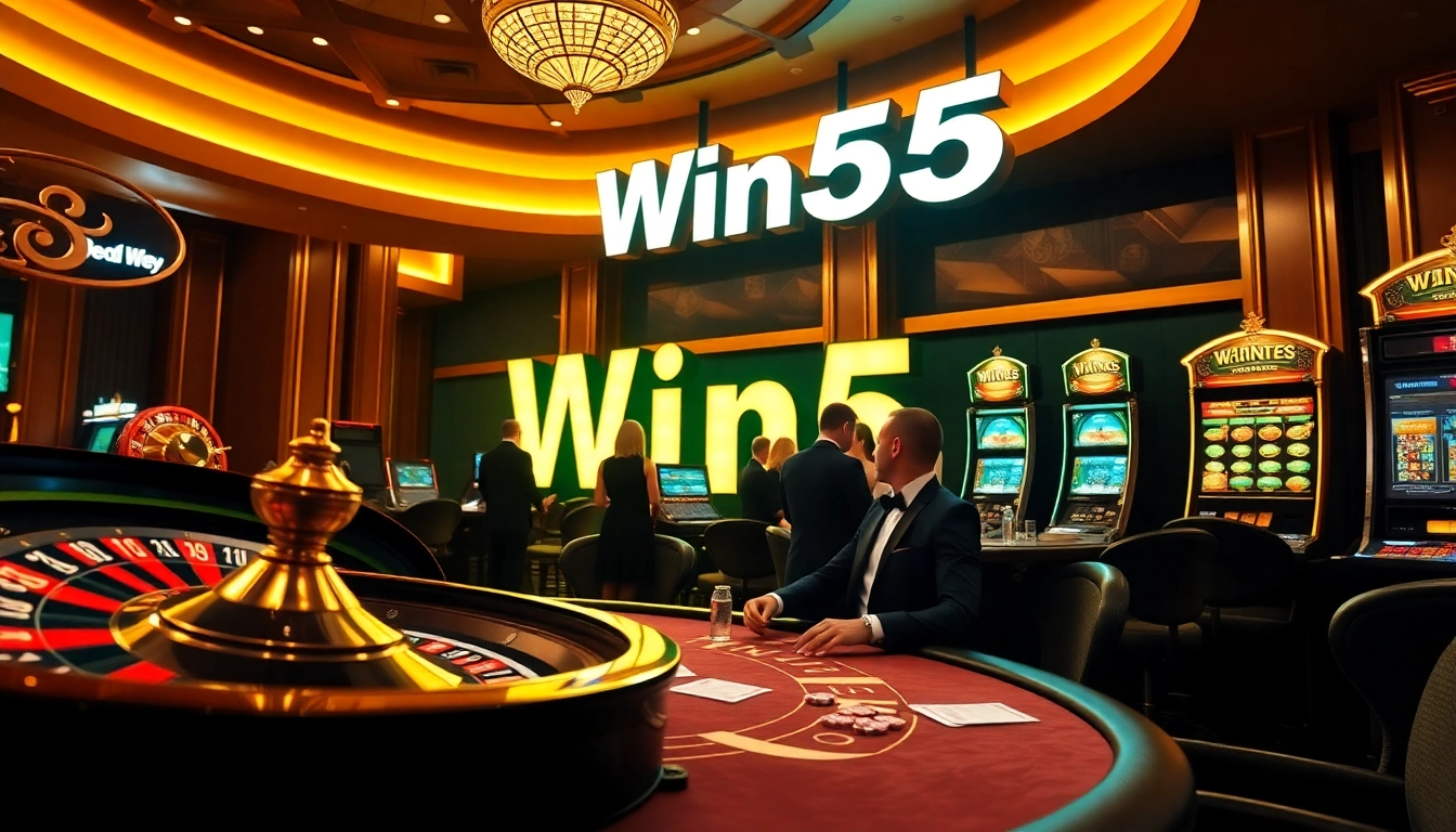 Experience the excitement of win55 at a luxurious casino with players engaged at tables and vibrant slot machines.