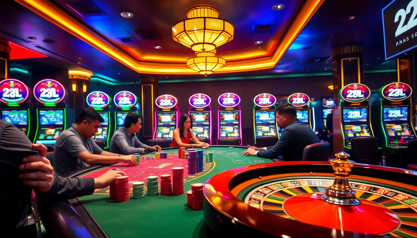 Experience high-stakes excitement at 22JL casino with poker action and vibrant gaming ambiance.
