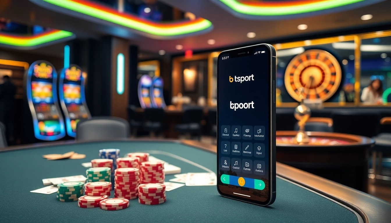 Exciting casino atmosphere showcasing the bsport app on a smartphone amidst vibrant poker and roulette games.