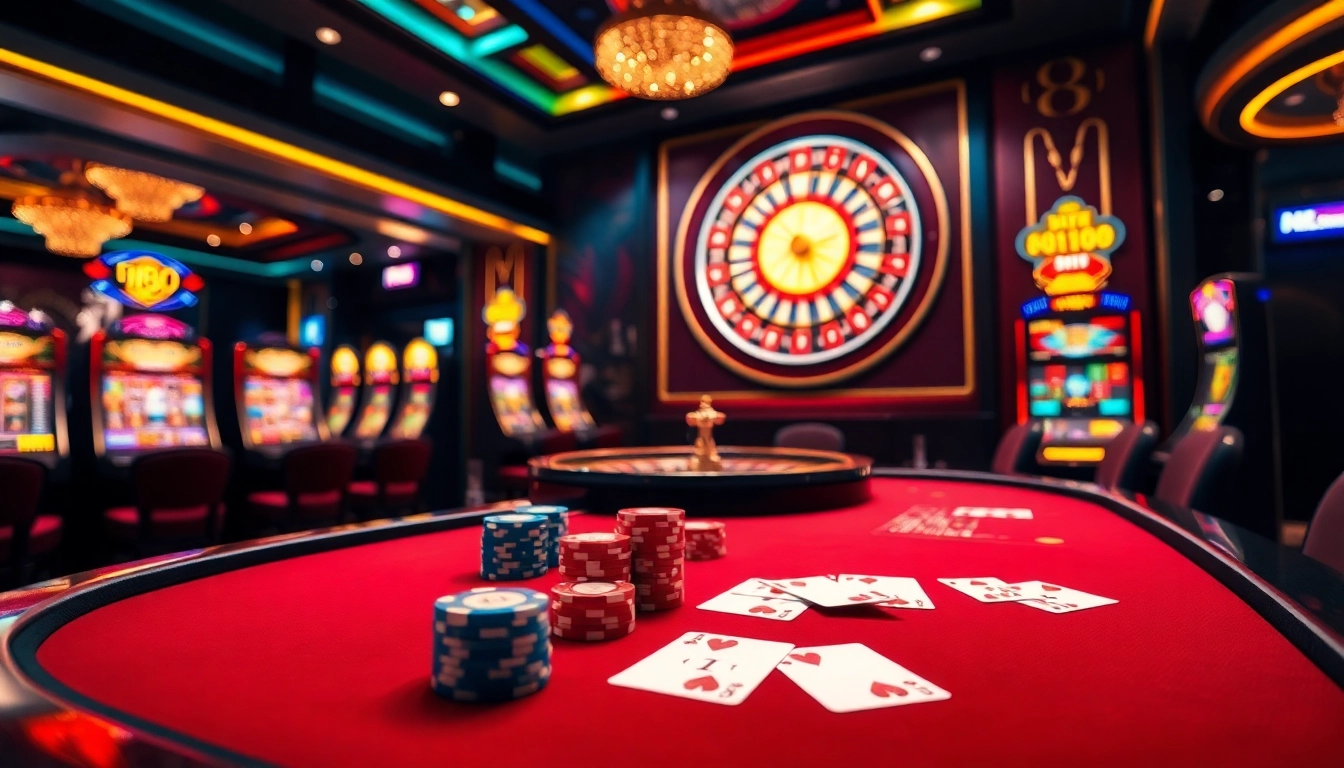 Experience thrilling casino action with mb 88 at a luxurious poker table featuring vibrant chips and cards.