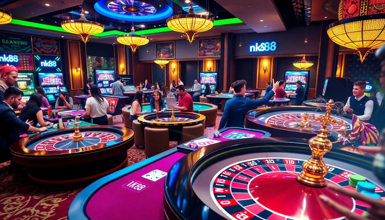 Nk88 players enjoying an exciting online casino experience with vibrant gaming tables and interactive interfaces.
