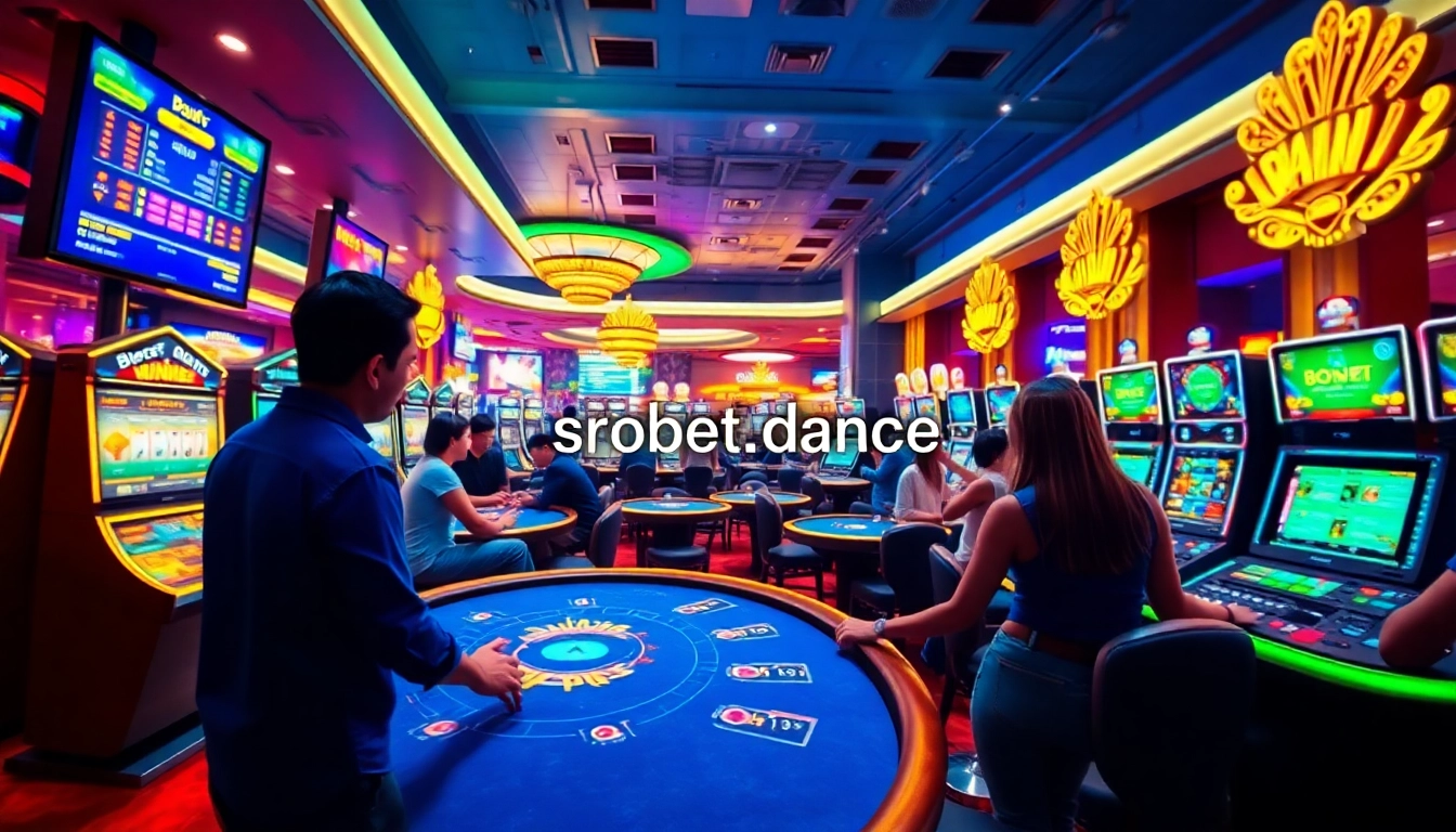 Engaging online casino scene representing sbobet.dance with vibrant lighting and players enjoying gambling.