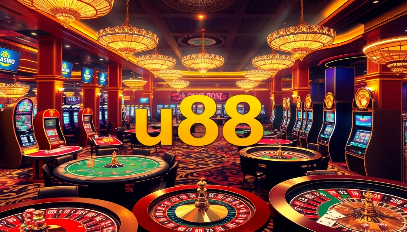 Exciting scene at u888 online casino with players at poker tables and vibrant slot machines.
