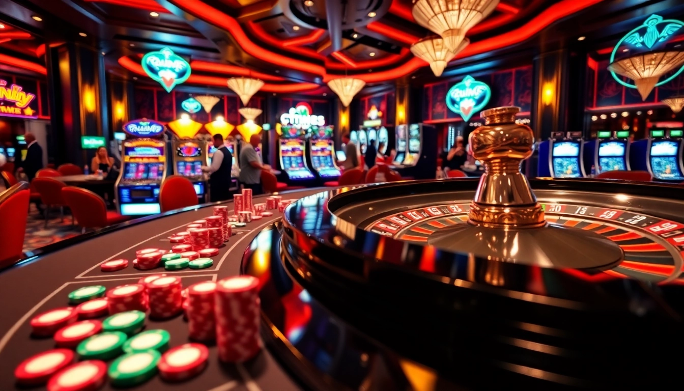 Dynamic scene of nhà cái S8 with poker chips and roulette wheel in a luxurious casino setting