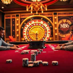 High-stakes poker gameplay at MB66 Casino with vibrant setup and professional players.