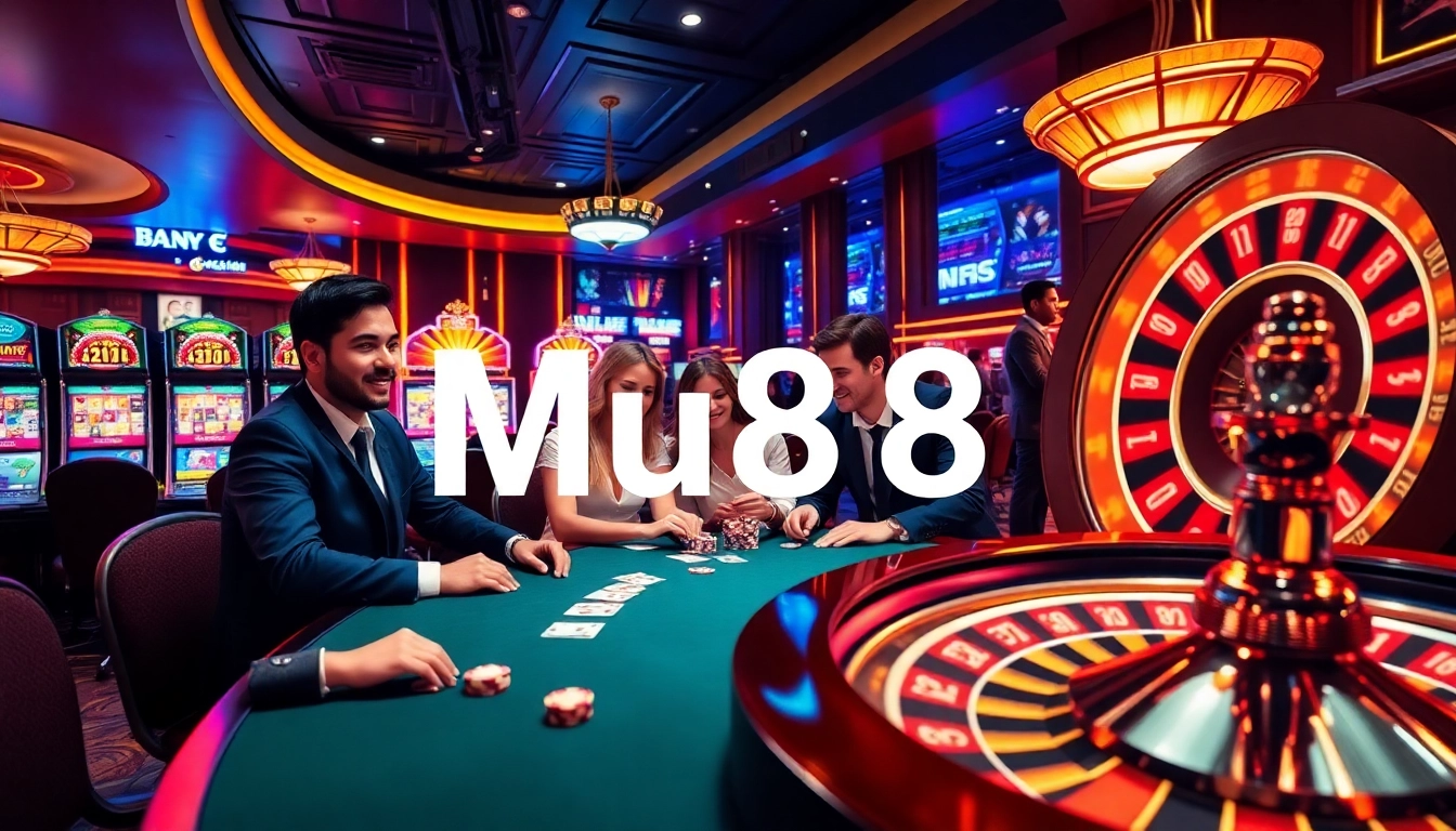 Experience thrilling games at Mu88 Casino, with players enjoying poker and slot machines.