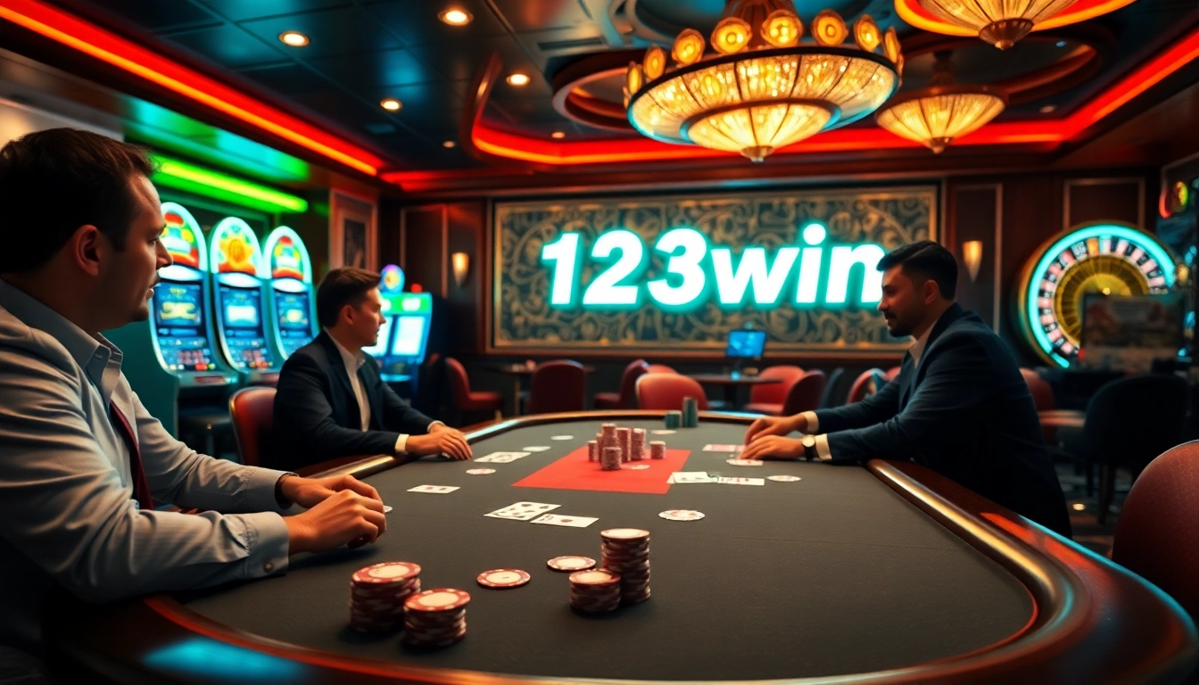 Exciting poker game at 123win casino with colorful chips and cards.