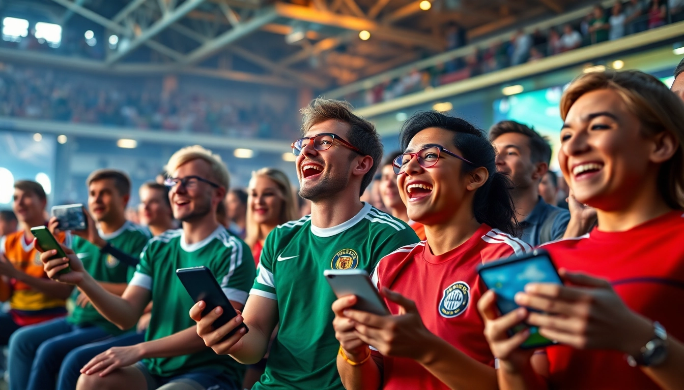 Fans enjoying a thrilling live football match through vaoluoitv on multiple devices, depicting excitement and community.