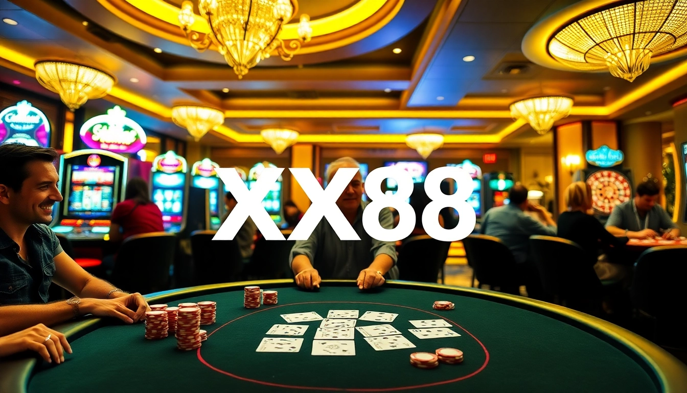 Experience the thrill of XX88 with players enjoying poker and slot machines in a luxurious casino.