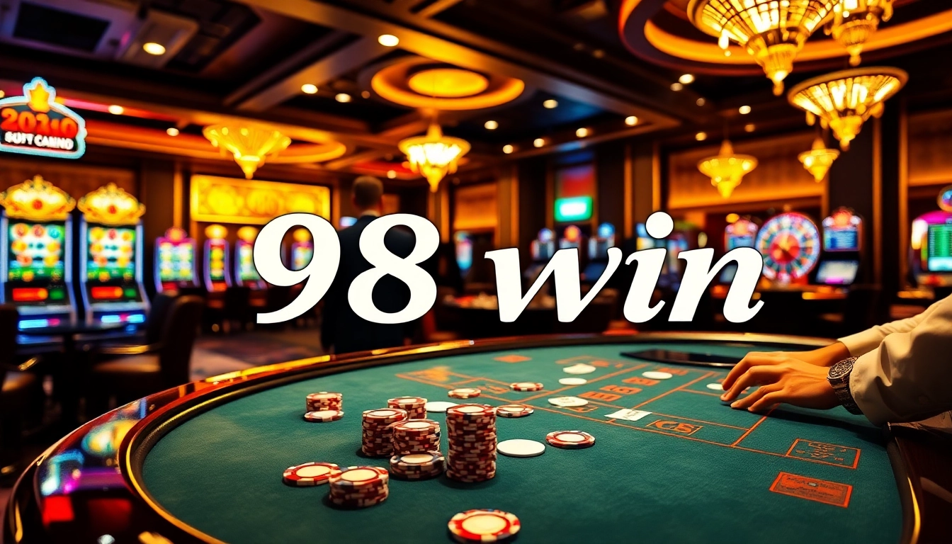 Excited players enjoying card games at a casino with 98 win promotions highlighted.