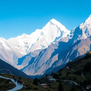Trekkers journeying through the stunning Everest Base Camp Trek with Mount Everest in the backdrop.