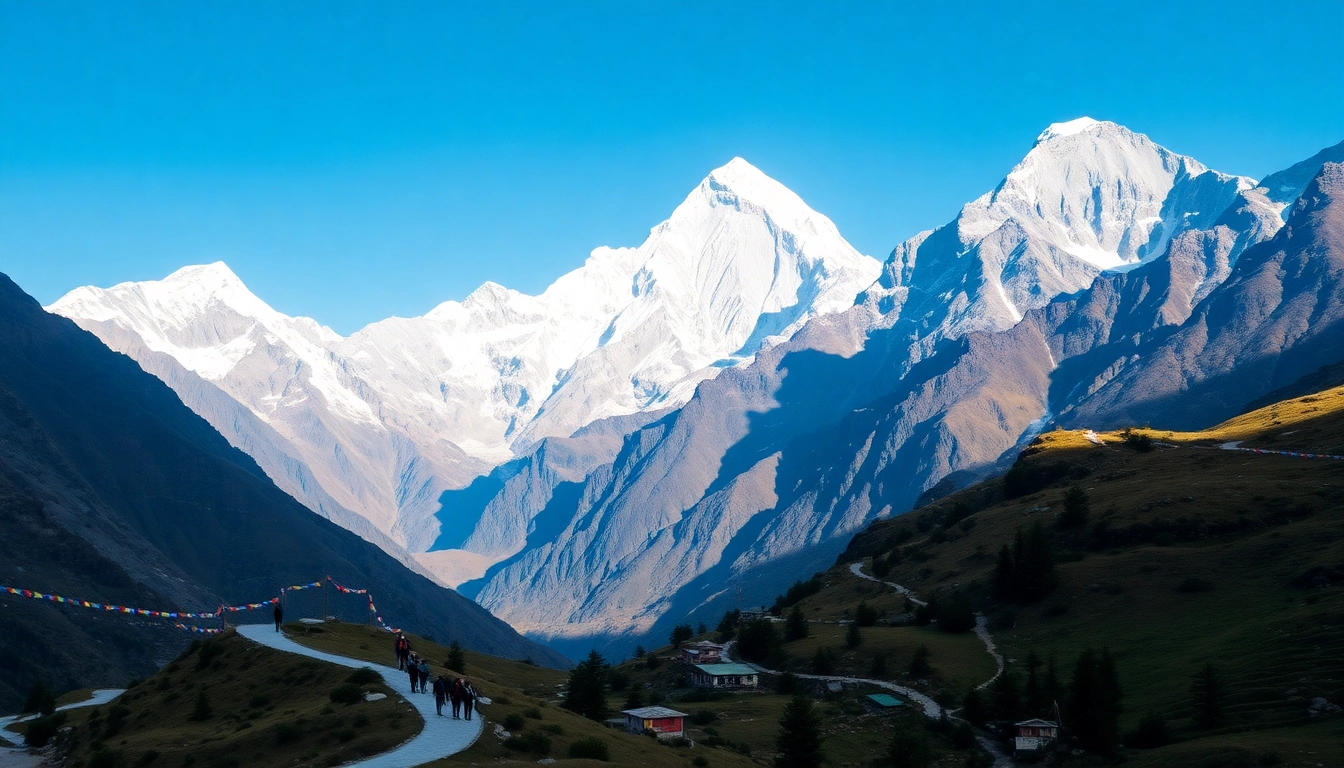 Trekkers journeying through the stunning Everest Base Camp Trek with Mount Everest in the backdrop.