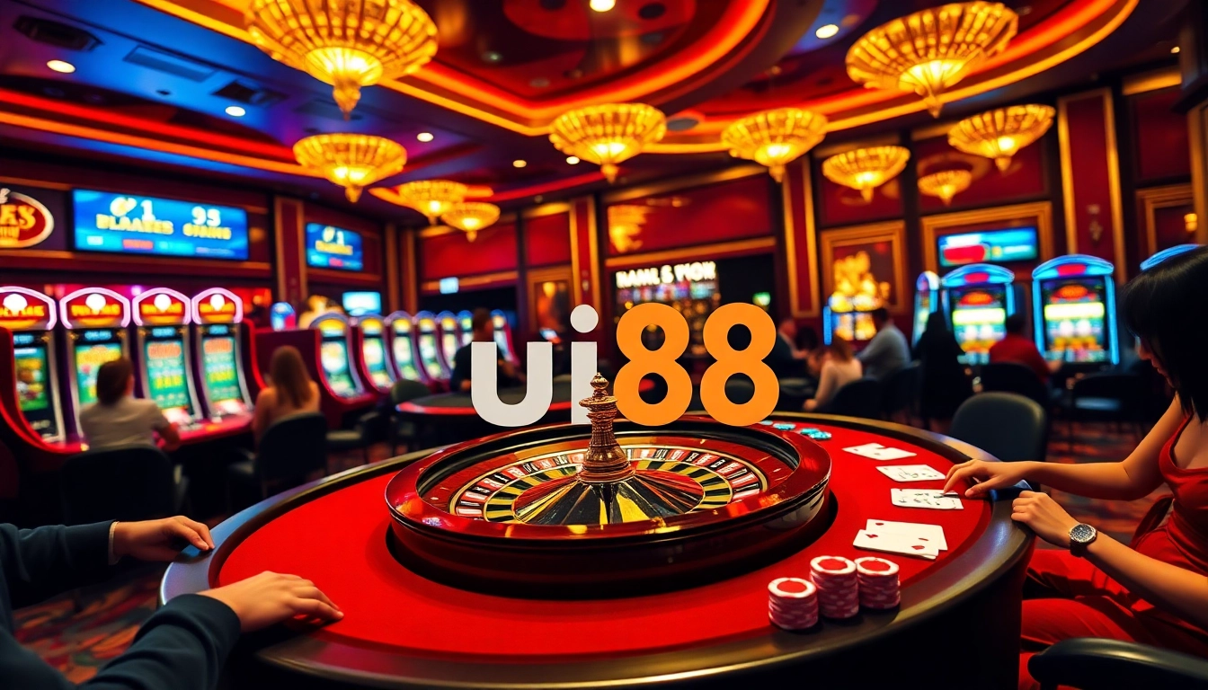 Players enjoying an exciting game at uu88 casino with roulette and poker tables in a vibrant setting.