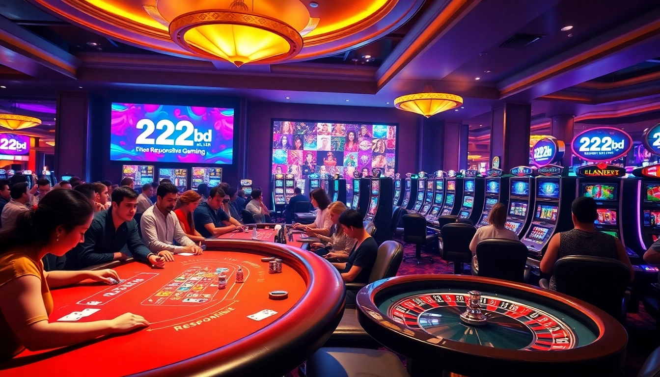 Players enjoying games at a luxurious casino featuring 222bd branding and vibrant gaming elements.