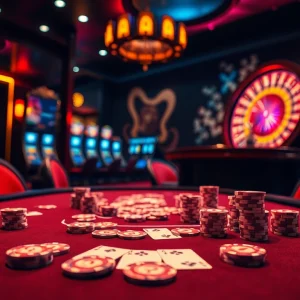 HITCLUB's premium casino gaming table showcasing vibrant poker chips and cards in an elegant setting.