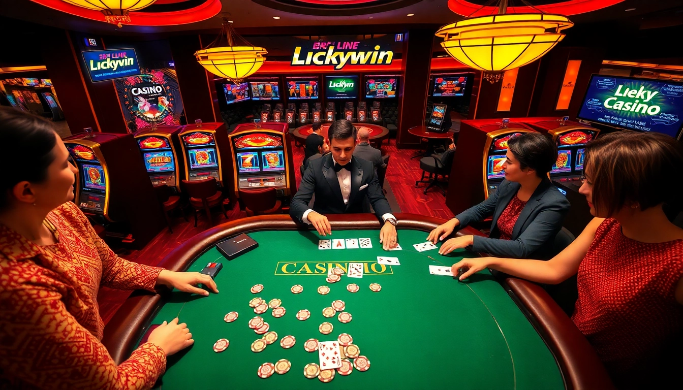 Players enjoying Luckywin at a high-stakes blackjack table with vibrant casino elements.