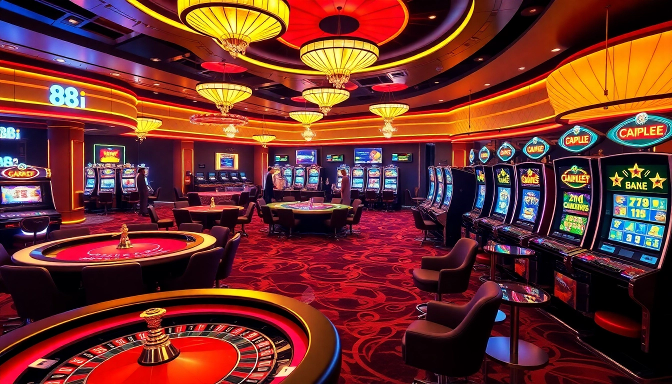 Players enjoying high-stakes games at 88i casino, showcasing poker, roulette, and slot machines.