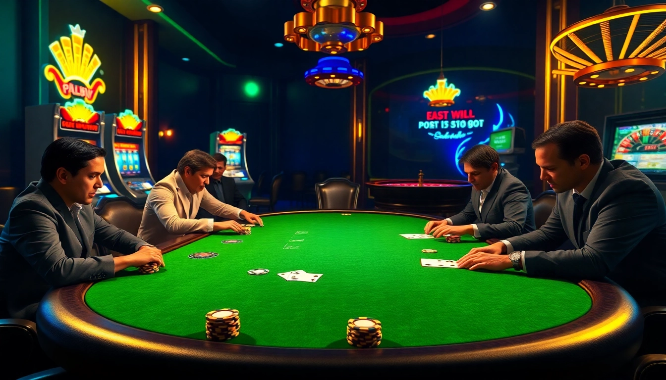 Poker players at a luxurious casino table, showing action and excitement at https://kwin.bio/ casino games.