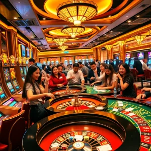 Players enjoying various games at the 222bd casino with vibrant slot machines and betting excitement.