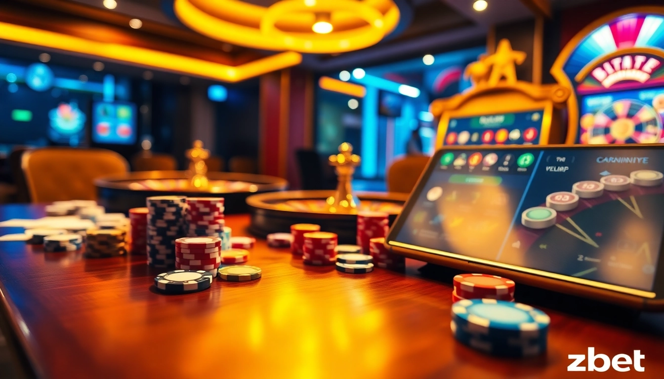Experience the thrill of gaming at zbet with an exquisite casino table, vibrant chips, and a spinning roulette wheel.