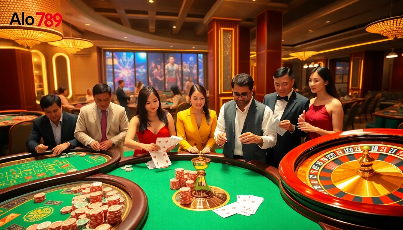 Alo789 trang chủ showcases an exciting online casino ambiance with vibrant poker games and roulette.
