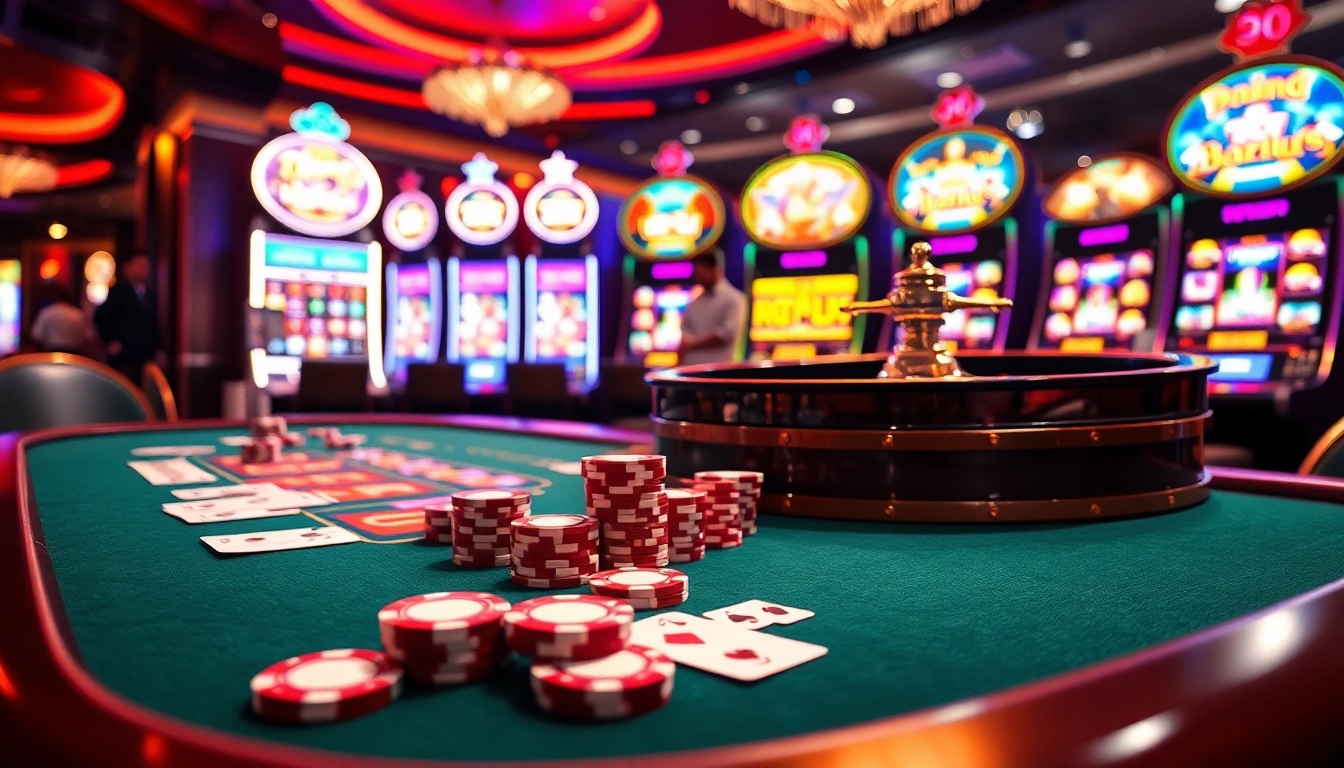 No hu immersive gambling experience with vibrant casino tables and bright slot machines.