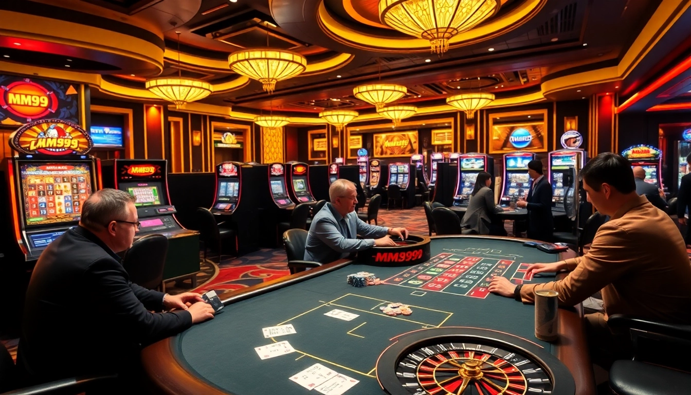 MM99 casino scene depicting excitement with poker tables, vibrant slots, and roulette action.