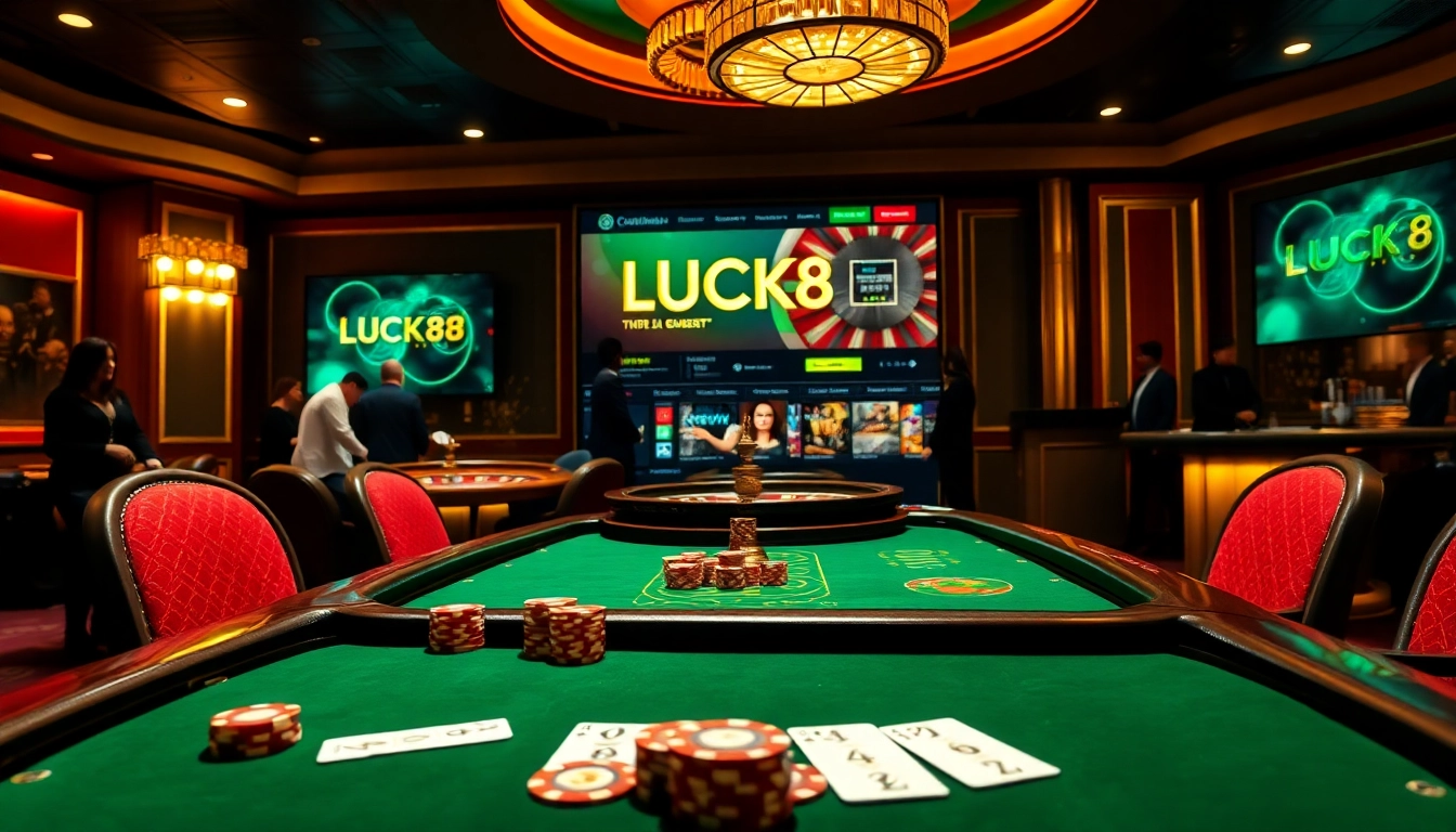 Engaging scene of LUCK8 casino with poker game setup and vibrant roulette wheel.