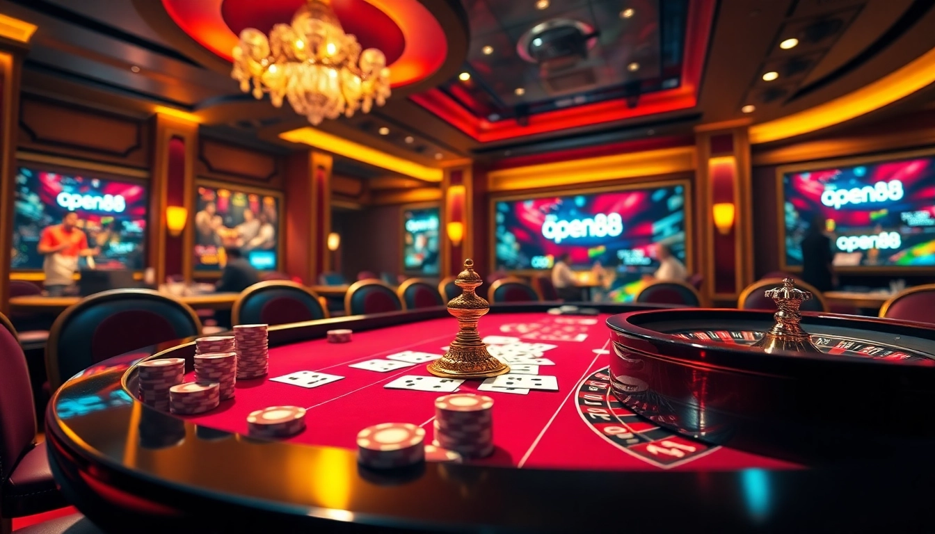 Experience thrilling poker action at open88's vibrant casino table with chips and cards.