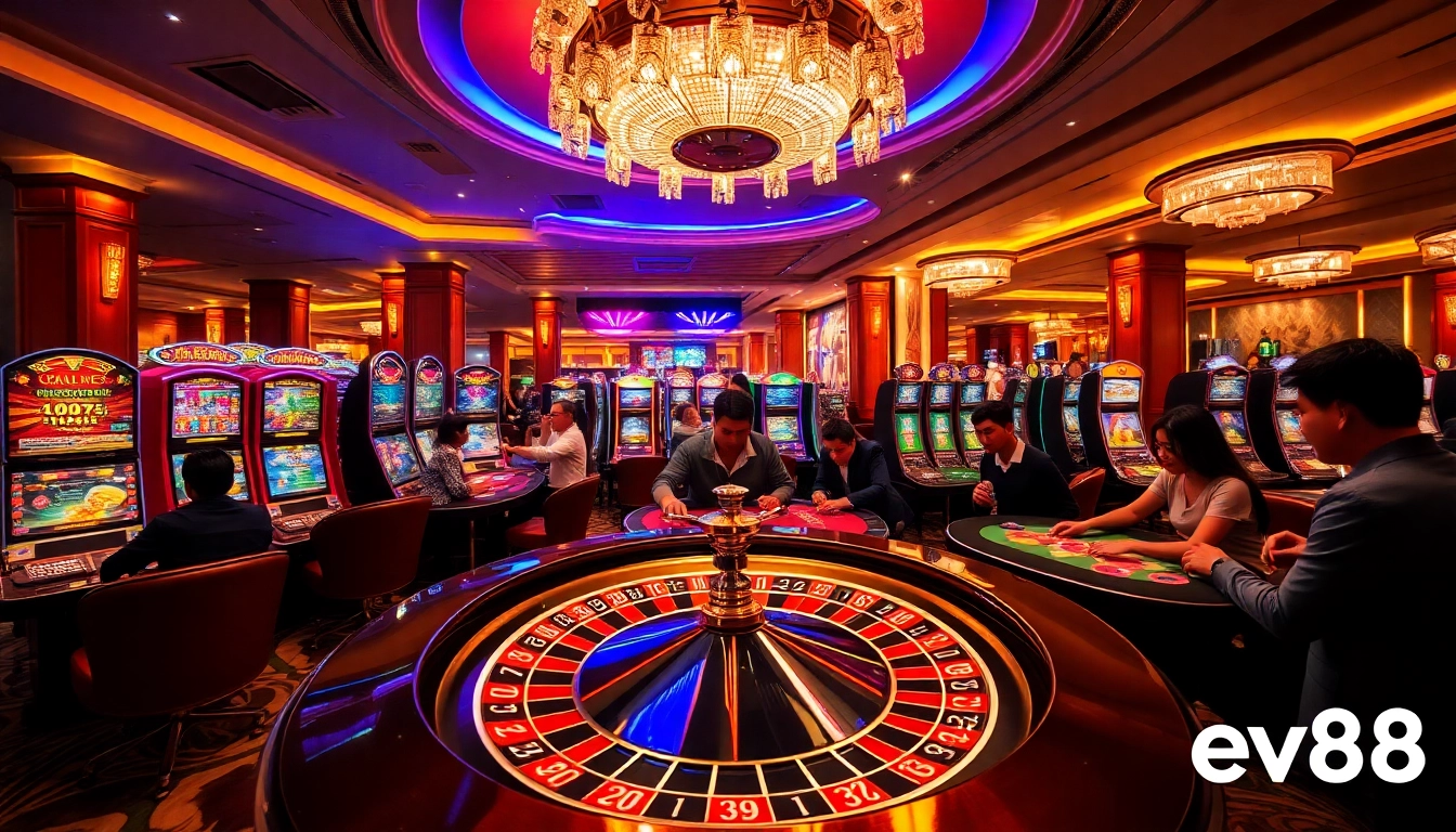 Players enjoying thrilling casino games at ev88 with vibrant slot machines and roulette.
