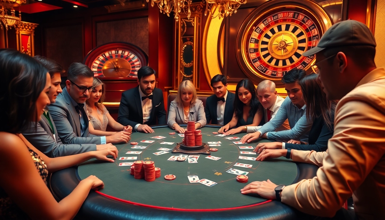 Exciting poker game at a luxurious casino table representing http://hrnikd.sa.com with vibrant chips and cards.