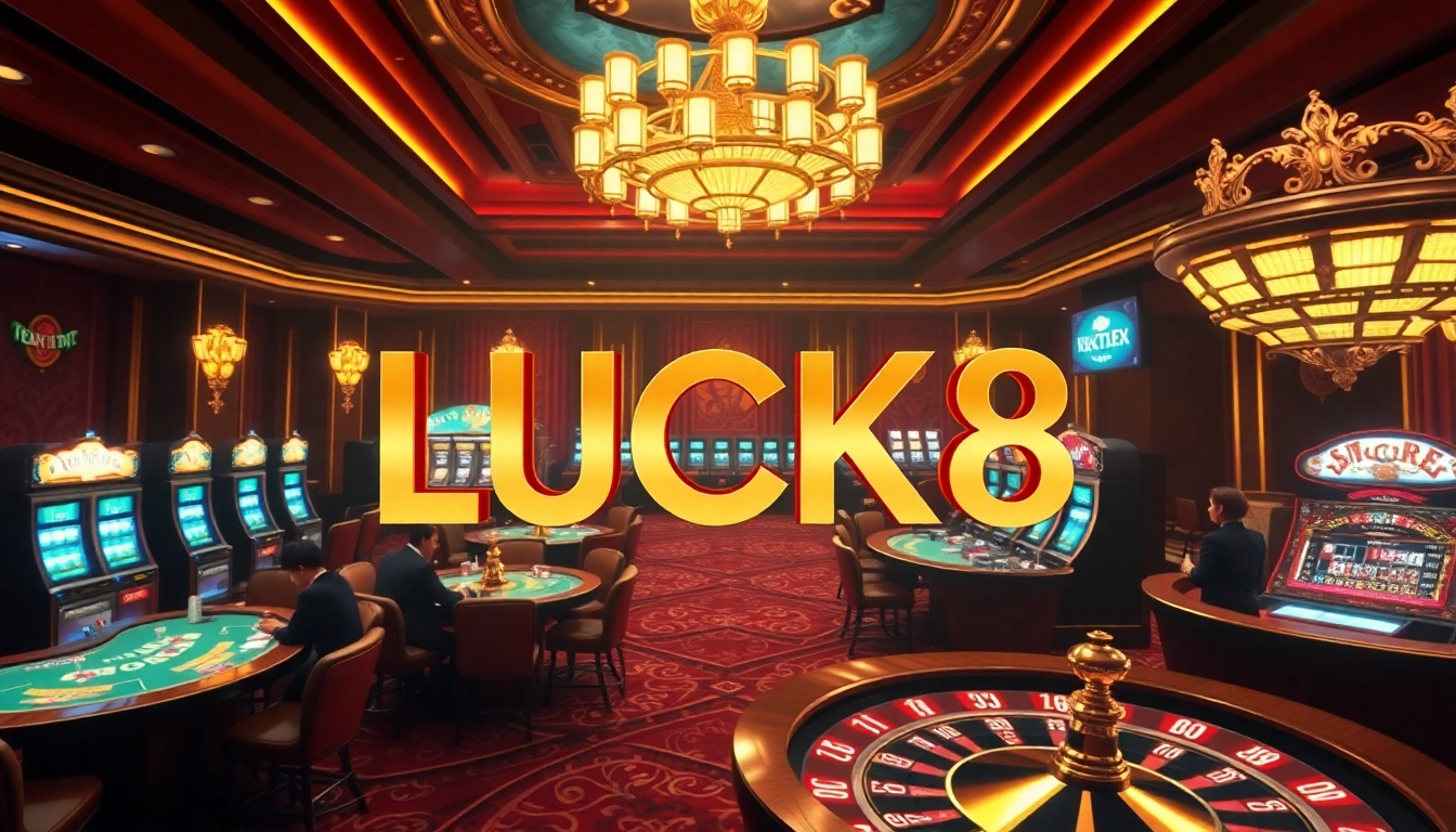 Exciting scene at LUCK8 casino featuring gambling tables and slot machines.