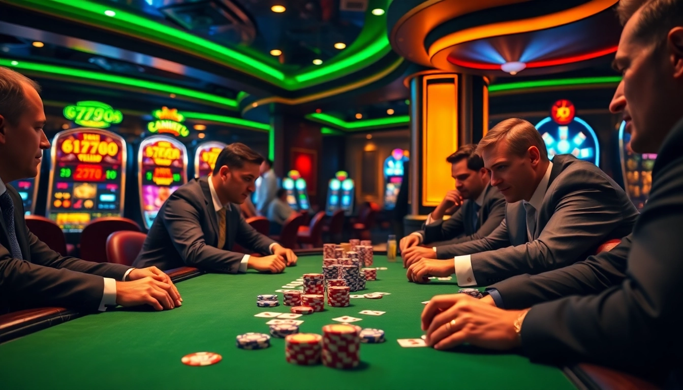 Players engaged in a strategic poker game at the 789 club amidst a luxurious casino backdrop.