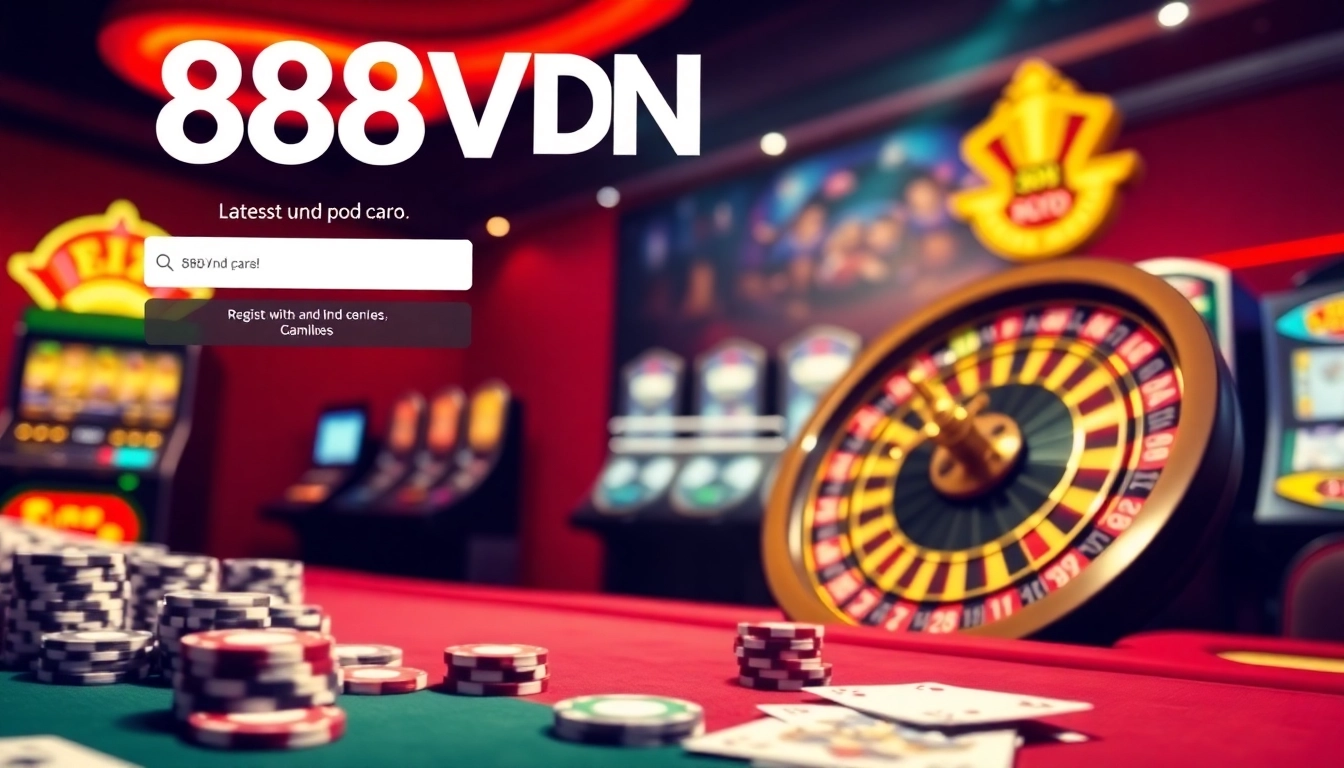 Experience the thrill of gambling with 888vnd đăng nhập showcasing an exciting online casino interface featuring cards, chips, and a roulette wheel.