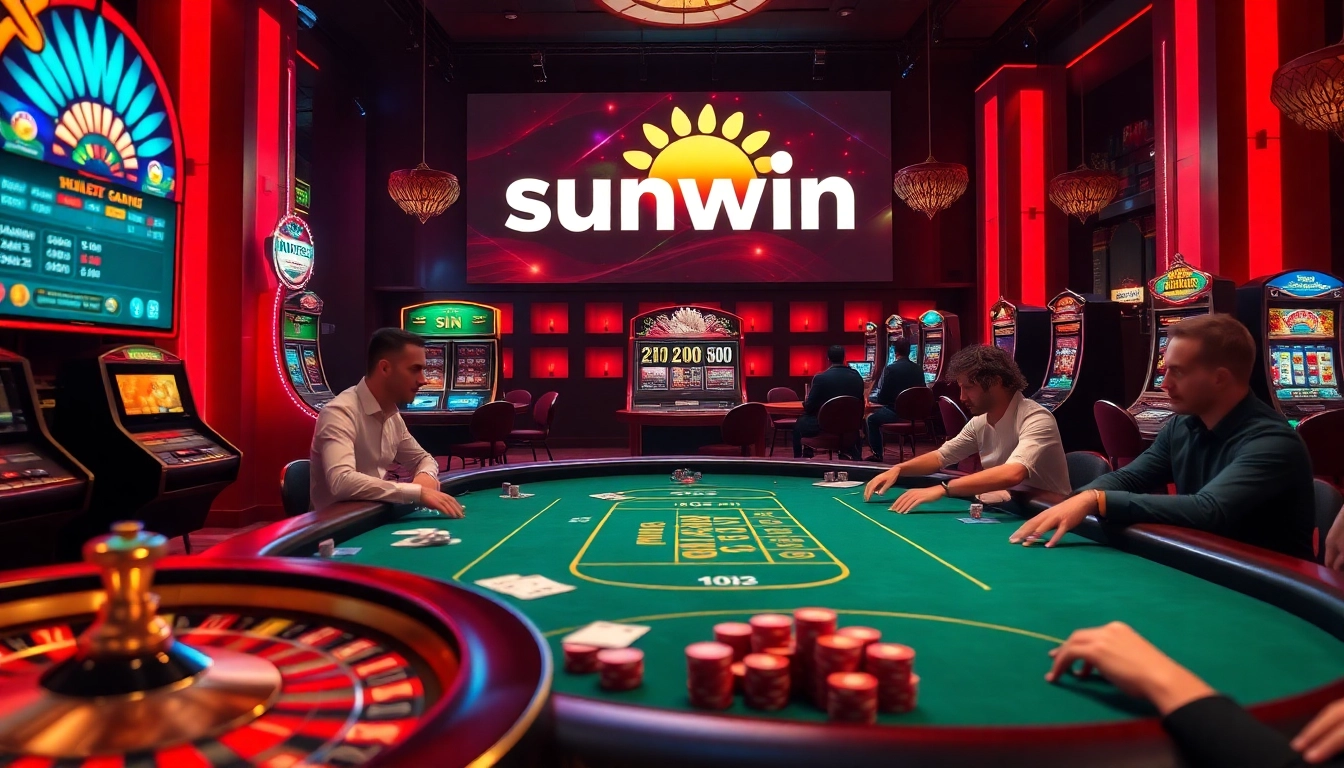 Players enjoying poker and slot machines in a luxurious sunwin-themed casino environment.