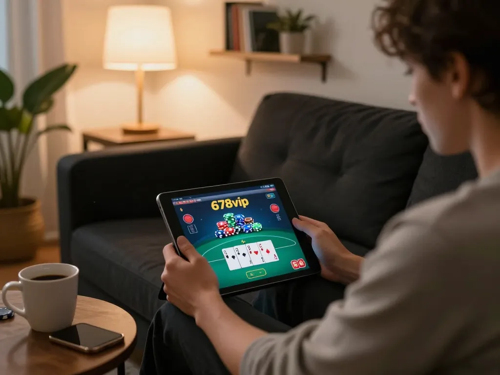 Person enjoying online poker at home using the 678vip tablet, creating a cozy and responsible gaming atmosphere.