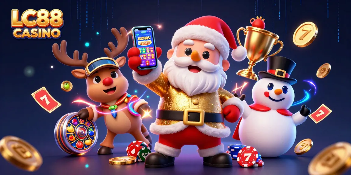 Win big with LC88 CASINO in a vibrant scene featuring Santa and friends celebrating