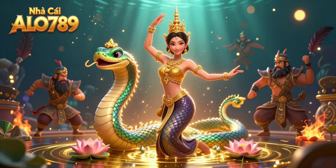 Witness exhilarating action at Nhà Cái ALO789, showcasing a stunning Thai dancer and Naga serpent in a vibrant casino setting.